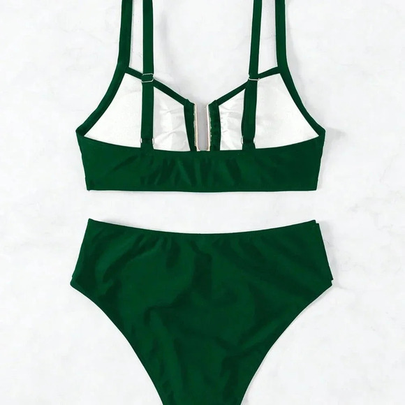 Dark Green Women's U-Shaped Ring Design Sexy Bikini Set - Picture 8 of 8
